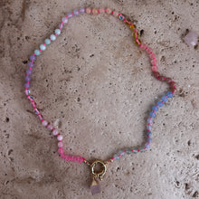Load image into Gallery viewer, pastel Rainbow necklace with neon pink thread
