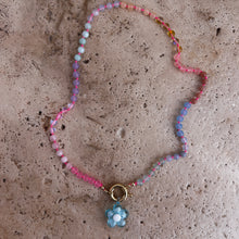 Load image into Gallery viewer, pastel Rainbow necklace with neon pink thread
