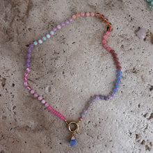 Load image into Gallery viewer, pastel Rainbow necklace with neon pink thread