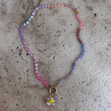 Load image into Gallery viewer, pastel Rainbow necklace with neon pink thread