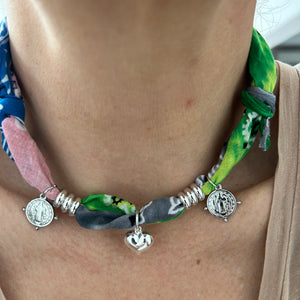 Bandana necklace with silver charms