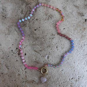 pastel Rainbow necklace with neon pink thread