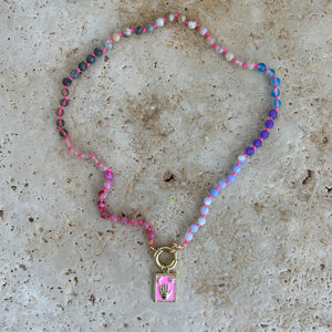 Rainbow necklace with neon pink thread
