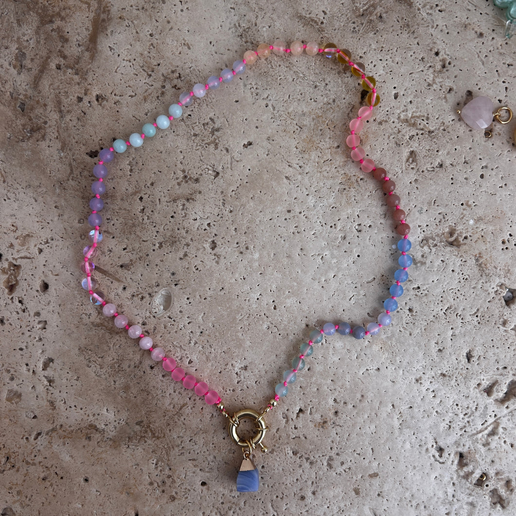 pastel Rainbow necklace with neon pink thread