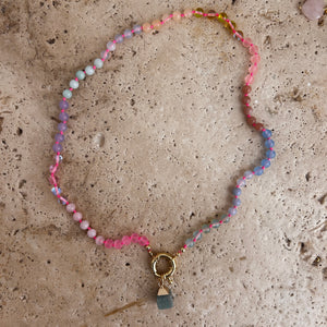 pastel Rainbow necklace with neon pink thread