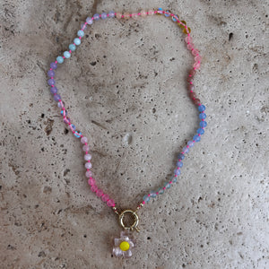 pastel Rainbow necklace with neon pink thread