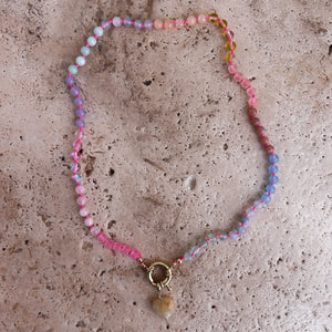 pastel Rainbow necklace with neon pink thread