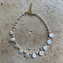 Load image into Gallery viewer, Shiva shell necklace with cultivated pearls.